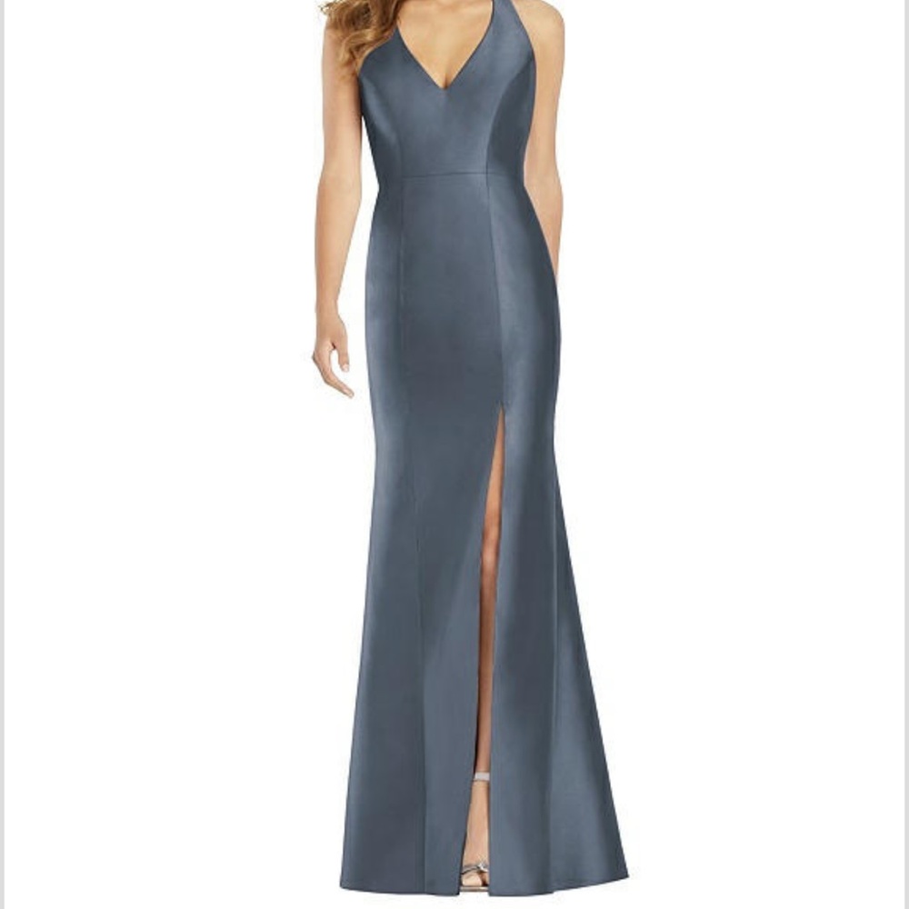 Dessy Group- V-neck halter satin trumpet gown